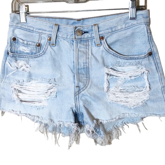 Levi's 501 Light Wash Button Fly slashed Distressed Denim Cutoff Shorts … - Picture 1 of 8